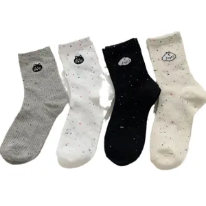 Cute cat and dog embroidered mid-tube socks with colorful speckles, soft and breathable.
