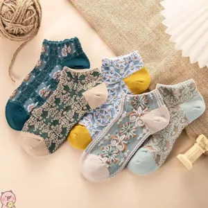 Women Vintage Palace Relief Short Socks Spring Summer Breathable Floral Boat Socks