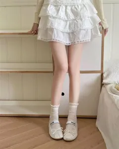 Detalles de calcetines blancos de media pantorrilla con volantes y lazo, estilo JK.