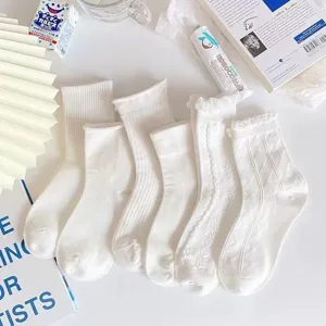 Women Casual White Mid Tube Socks Summer Thin Breathable Solid Color Ruffle Lace JK Style Fashion Hosiery