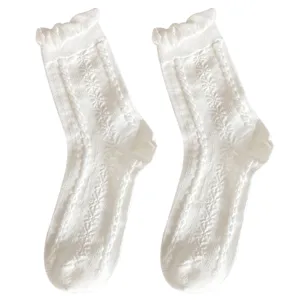 White ruffle mid-tube socks for women, Japanese JK style breathable summer thin cute socks.