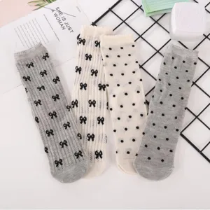 Women Mesh Hollow Out Mid Calf Socks Sweet Japanese Bow Polka Dot Casual Cute Cotton Blend Socks For Summer Daily Wear
