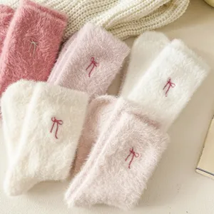 Women Winter Warm Thickened Mink Velvet Mid Calf Socks Cute Bowknot Sweet Soft Casual Home Sleep Socks