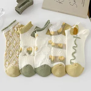 Women short socks spring summer floral mesh cute ruffles Japanese style white yellow 5 pairs