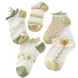 Women sheer mesh short socks spring summer breathable sweet tulip floral ruffles cute style