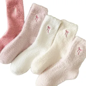 Women's fuzzy winter mid-calf socks with cute bow embroidery, thick warm coral fleece sleep socks.