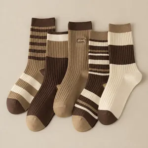 Women Casual Mid Tube Socks Maillard Style Striped Retro Cotton Blend Comfortable Fashion Hosiery Daily Wear