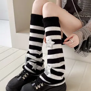 Y2K gothic schwarz-weiß gestreifte Strick-Beinwärmer mit Stern-Aufnähern für Damen Trend