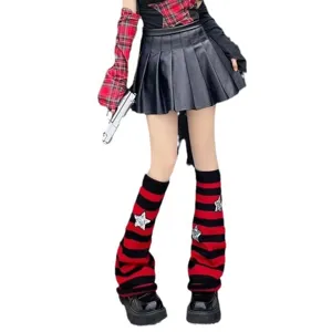 Y2K alternative style red black striped knit leg warmers with sparkling star patches fashion.