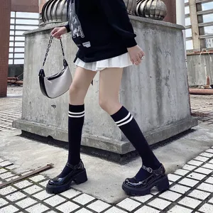 Black calf socks with white stripes, JK style student college socks, comfortable daily wear.