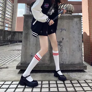 Black calf socks with red double stripes, student college style athletic mid tube socks.