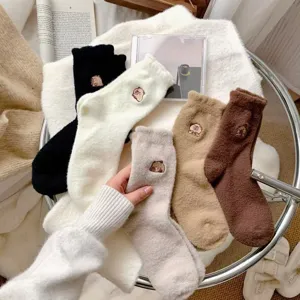 Cute capybara embroidery winter fuzzy socks soft warm mink fleece mid tube floor socks for women