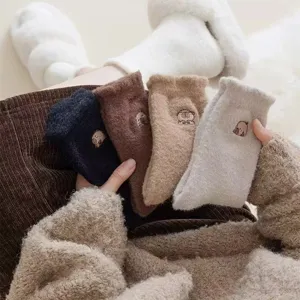 Women winter thick warm mid-tube fuzzy socks with cute capybara embroidery plush floor