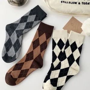 Argyle pattern mid-calf socks for women, vintage knit casual daily wear in multi colors.