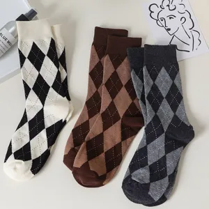 Classic argyle pattern women mid-calf socks, stylish knit long socks for daily wear and loafers.