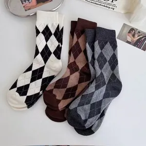 Women argyle mid tube socks trendy retro vintage diamond knit cotton socks casual daily wear