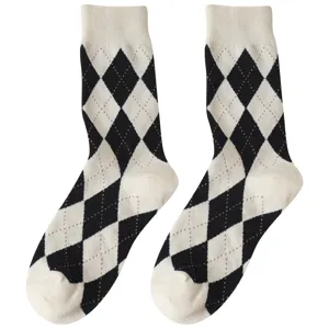 Classic black and white argyle pattern women mid calf socks comfortable knit cotton hosiery