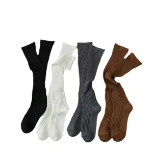 Solid color ribbed knee-high casual long socks for women, spring autumn stackable socks