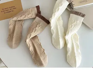 Chaussettes femme tricot torsade printemps automne café blanc style rétro collège tendance
