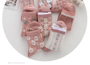 Pink floral embroidered mid tube socks cute Japanese vintage thick winter warm crew socks