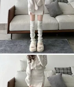 White knitted leg warmers for women, cozy winter fluffy thermal socks and stylish boot cuffs.