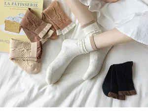 Chaussettes mi-hautes torsadées femme vintage marron blanc mignon mode décontracté