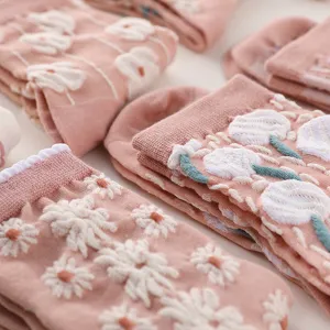 Pink cute floral embroidered mid-calf socks for women, thick cozy vintage hosiery.