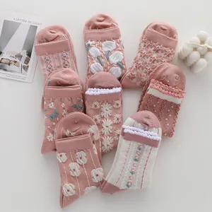 Pink floral embroidered women mid-tube socks cute vintage style sweet autumn winter socks