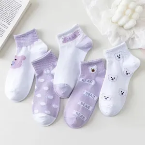 Süße lila weiße Damen Kurzsocken mit süßem Bärenmuster atmungsaktive Frühlings Sommer Socken
