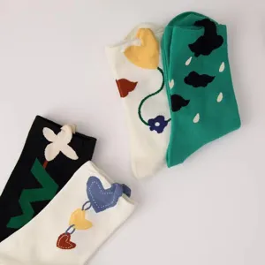 Cute 3D flower and heart pattern design women mid-calf socks soft cotton spring style detail view
