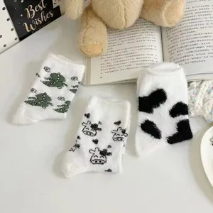 Furry thick plush winter warm socks cute cow dinosaur pattern cozy indoor floor socks for women