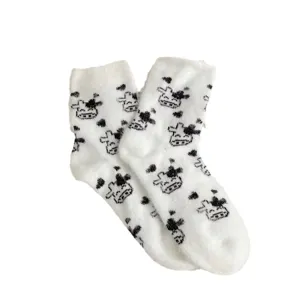 Cute fuzzy cow print warm winter socks for women thick soft plush floor socks home wear