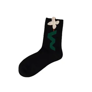 Women black mid tube socks with 3d white flower decor and green stem chic cute fashion design