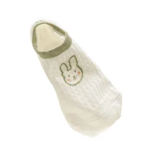 Calzini corti estivi da donna in mesh sottile traspirante ricamo coniglietto carino bianco