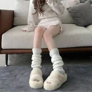 Comfortable white knitted leg warmers for women, Japanese style long stackable slouch socks.