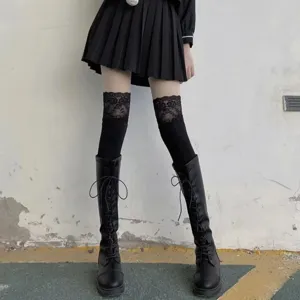 Japanese JK style pleated skirt, black lace over-the-knee socks and lace-up boots set.