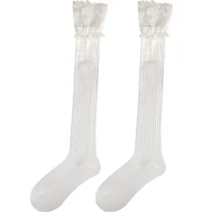 White Japanese JK style lace knee high socks, sweet and cute ribbed hosiery for women.