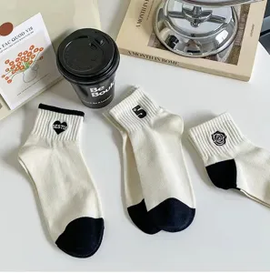 Women short socks black white embroidered heart number camellia fashion casual cute ankle socks
