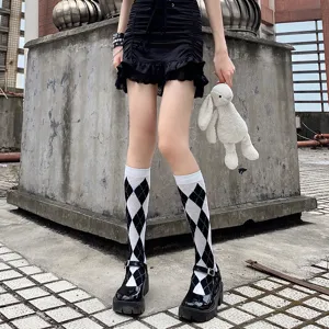 Chaussettes Style Preppy Motif Argyle pour Femmes Noir Blanc Carreaux Mi-Mollet Casual Coton Tricot Vintage JK Chaussettes