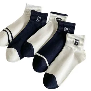 Women's short socks, black and white color block design, cute embroidered patterns, cotton.