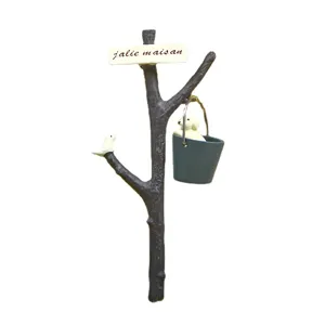 Cute resin tree branch miniature figurine with puppy bucket and little bird for garden decor.