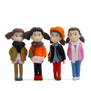 Miniature winter scarf girl resin figurines set, cute moss micro landscape doll decor.