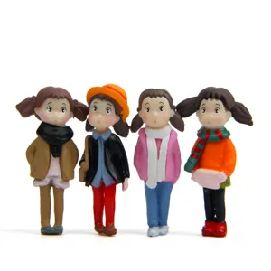 Cute miniature resin winter girl figurines set for moss micro landscape desktop decor