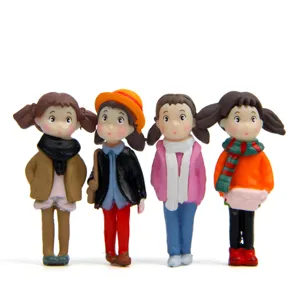 Cute winter scarf girl miniature figurines for moss micro landscape and desktop decor details.