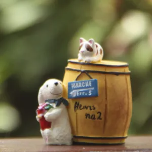 Miniature resin dog cat barrel figurine detail shot, cute micro landscape garden decor.