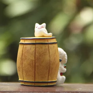 Mini resin wine barrel cat and dog succulent plant insert figurine detail view, cute garden micro landscape decor.