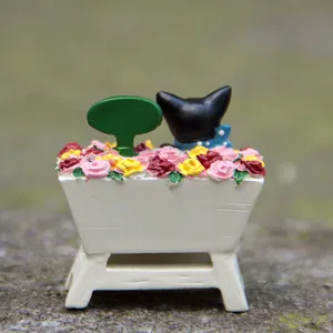 Mini gatto nero vaso di fiori rosa resina statuetta giardino muschio succulenta decorazione