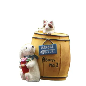 Cute cartoon puppy and cat wine barrel figurine resin micro landscape succulent flower pot decoration