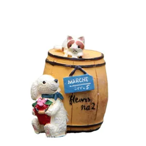 Resin cute puppy cat wine barrel succulent flower pot ornament micro landscape desktop decor.