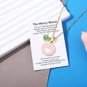 Detailed view of the cute worry worm anxiety relief pendant necklace with poem display card.